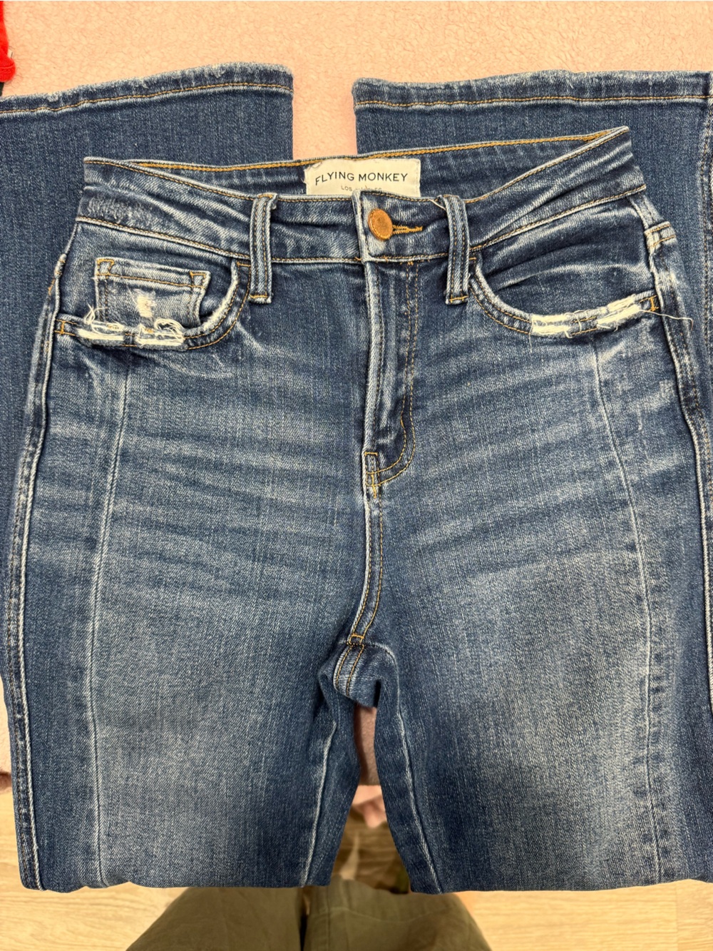 Flying Monkey Women's Straight Leg Medium Blue Distressed Jeans